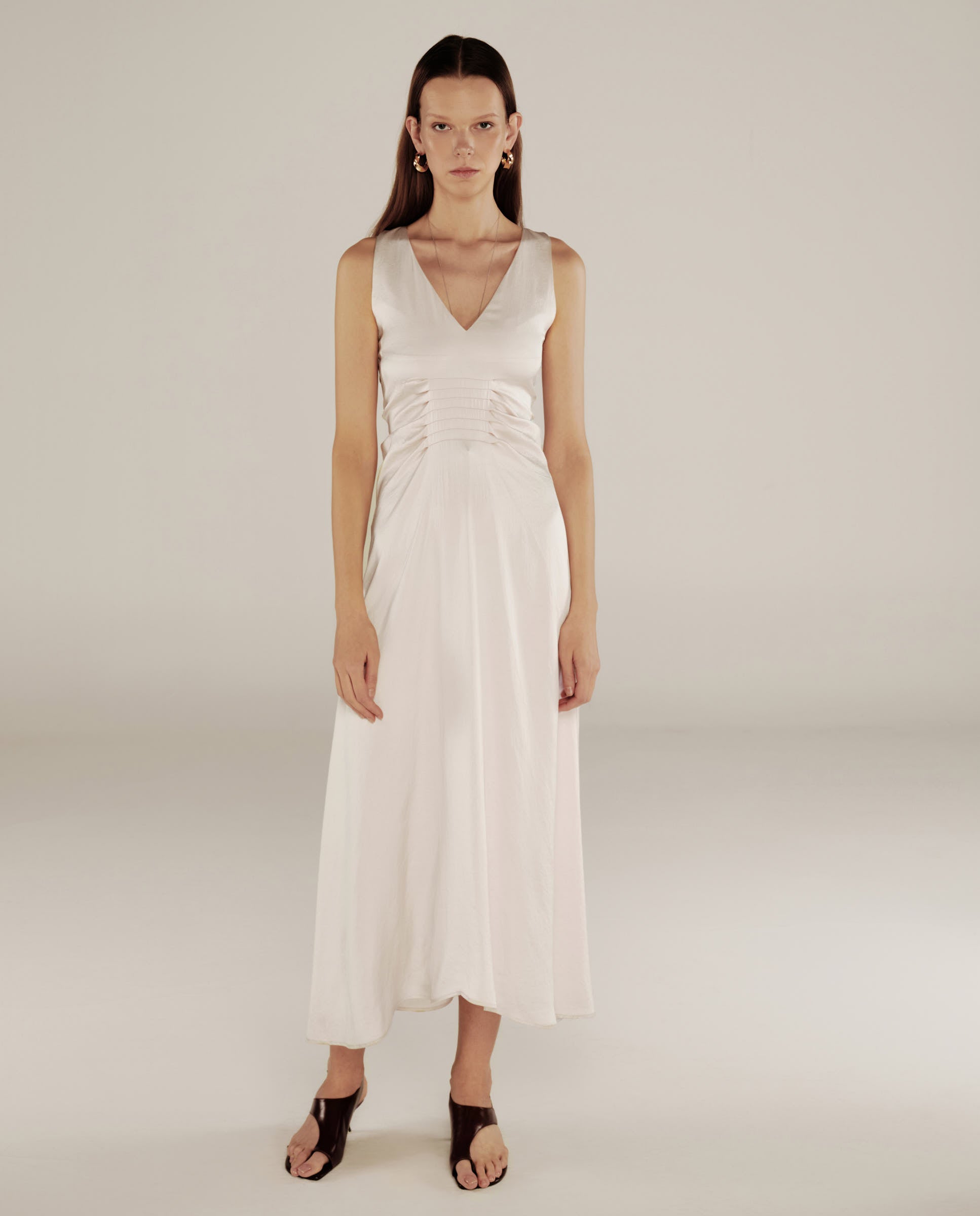 YUKTA | Ivory Pleat Front Satin Midi Dress