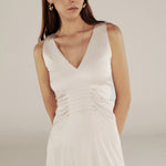YUKTA | Ivory Pleat Front Satin Midi Dress