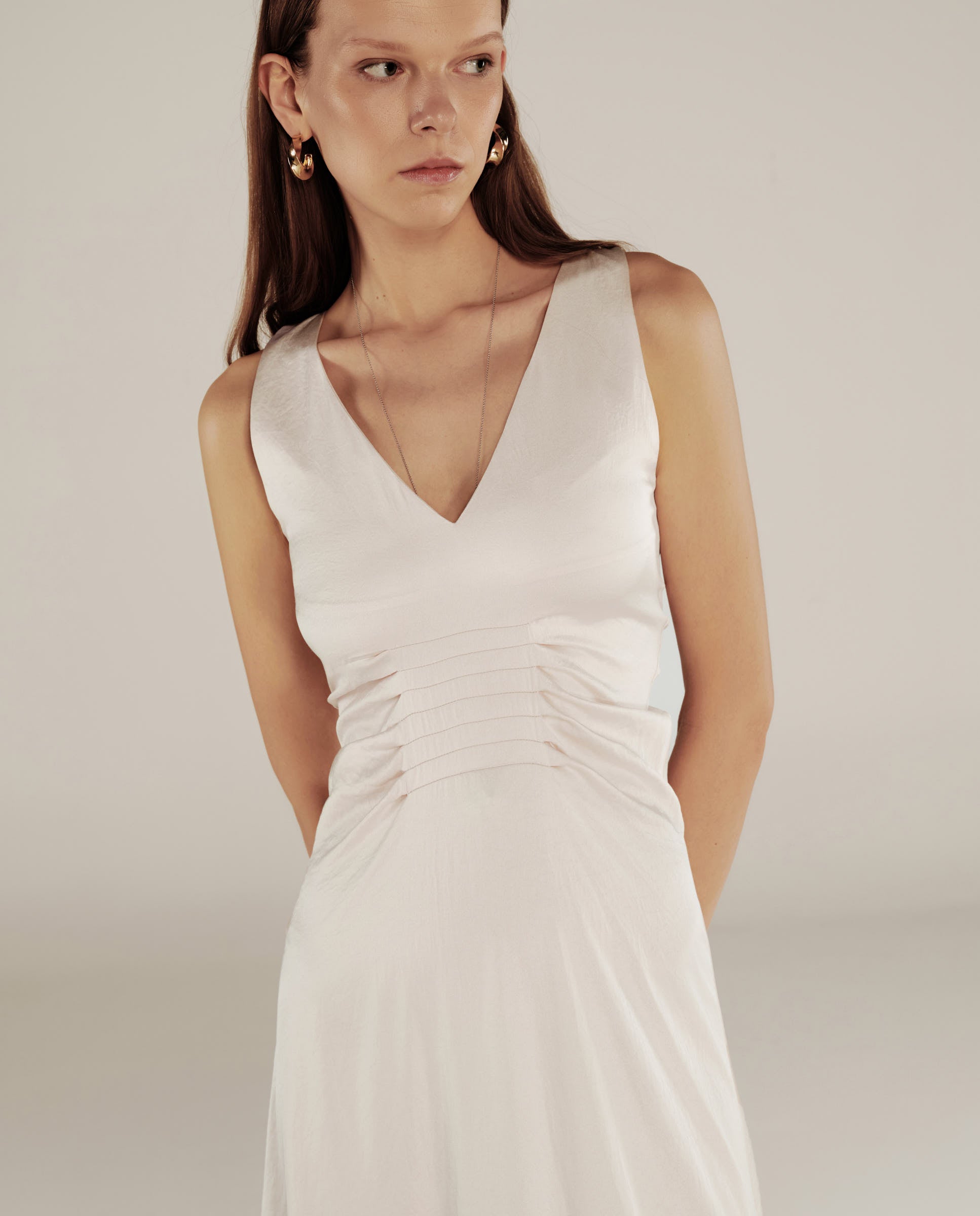 YUKTA | Ivory Pleat Front Satin Midi Dress