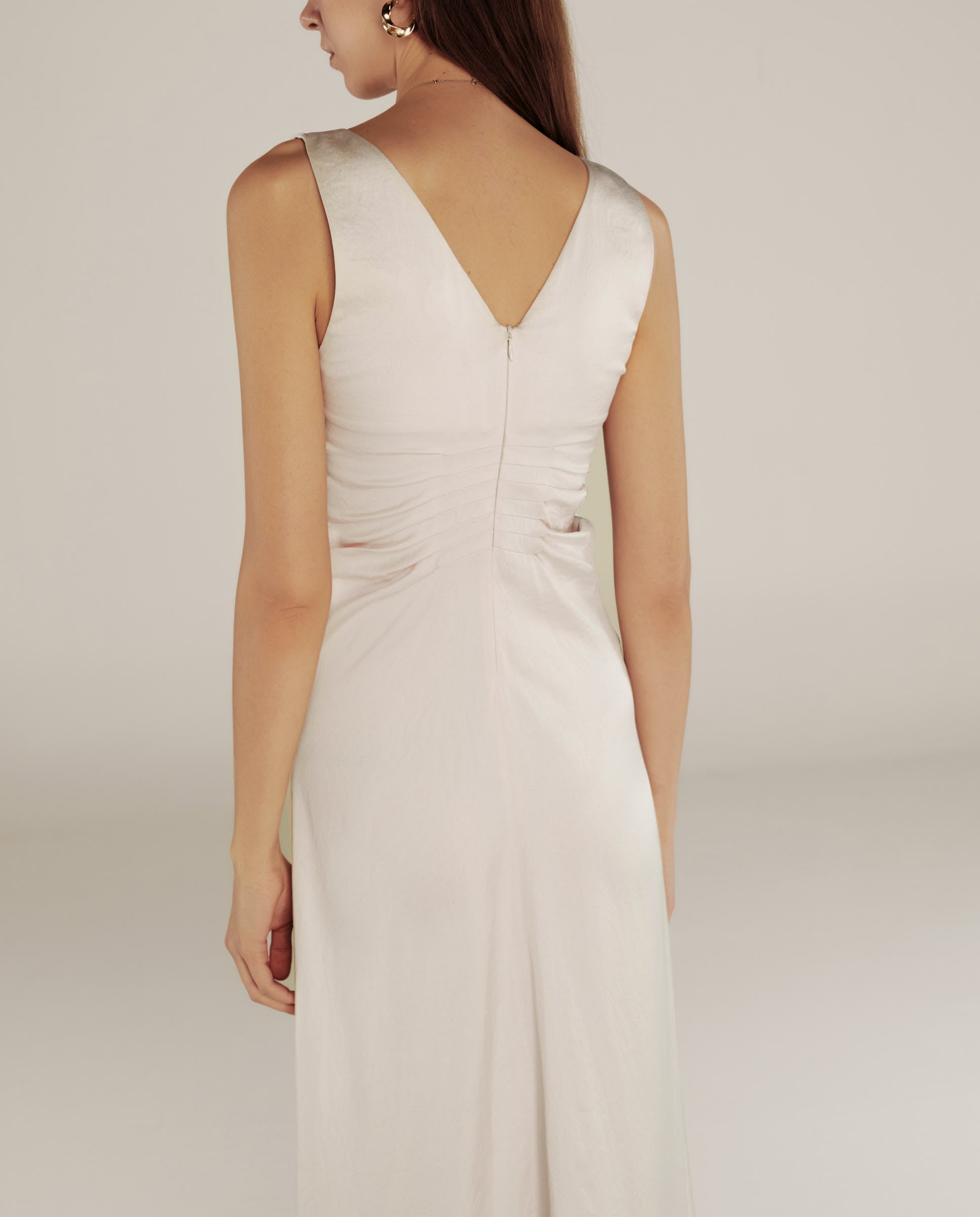 YUKTA | Ivory Pleat Front Satin Midi Dress