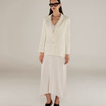 YUKTA | Ivory Pleat Front Satin Midi Dress