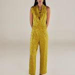 BHAKTI | Chartreuse Yellow Jacquard Leopard Print Sleeveless Jumpsuit