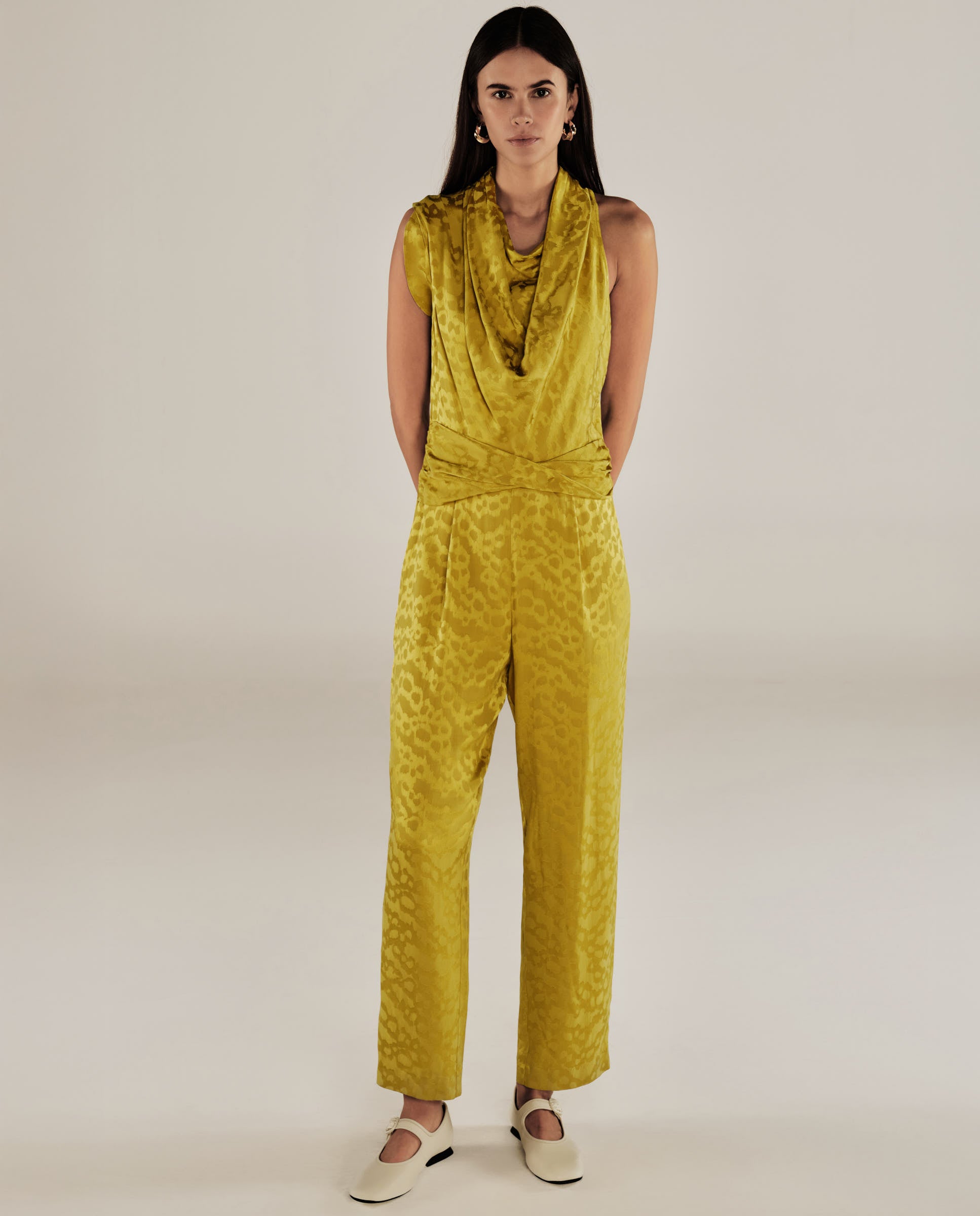 BHAKTI | Chartreuse Yellow Jacquard Leopard Print Sleeveless Jumpsuit