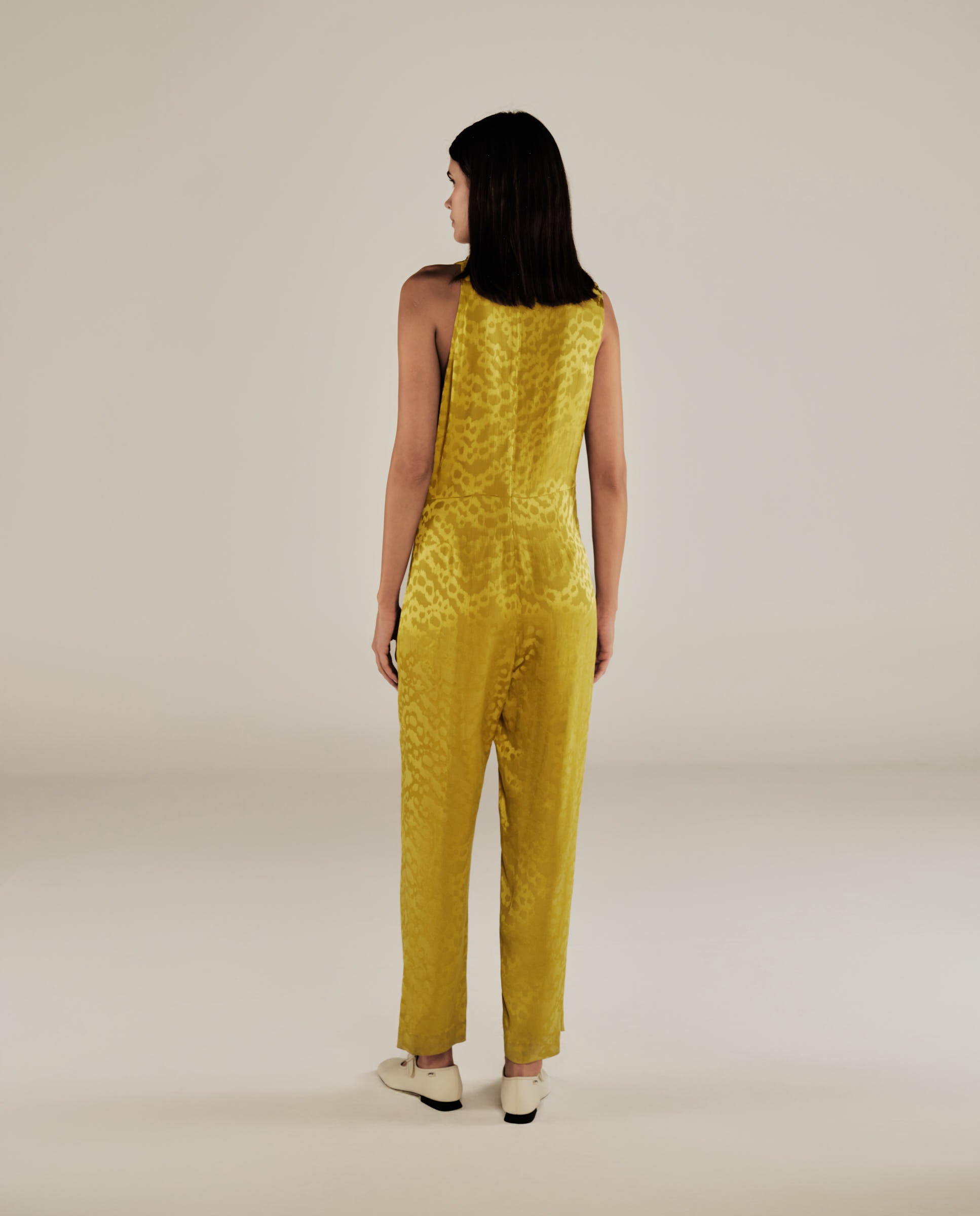 BHAKTI | Chartreuse Yellow Jacquard Leopard Print Sleeveless Jumpsuit
