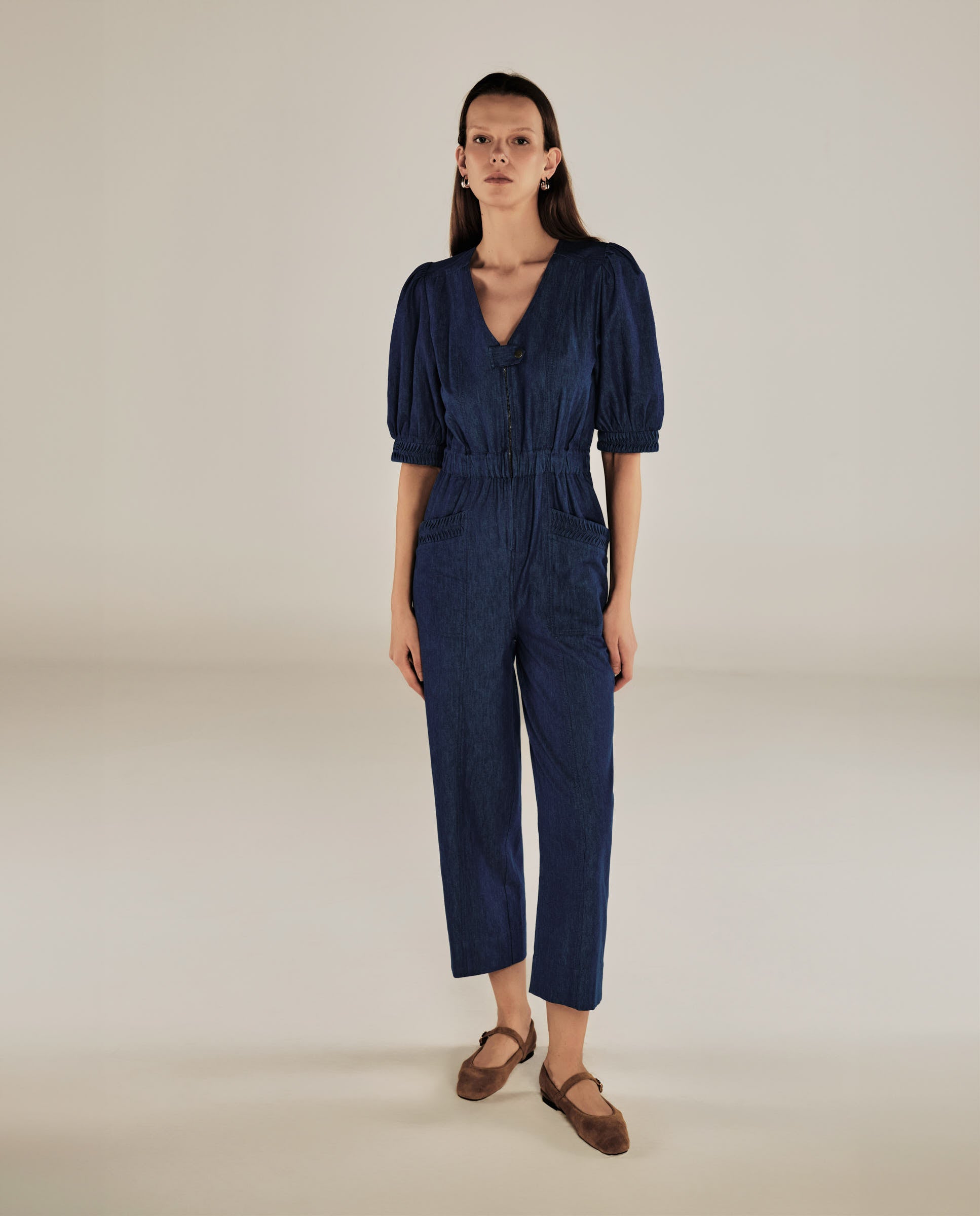 JANAT | Denim Blue Pleated Trim Cotton Jumpsuit