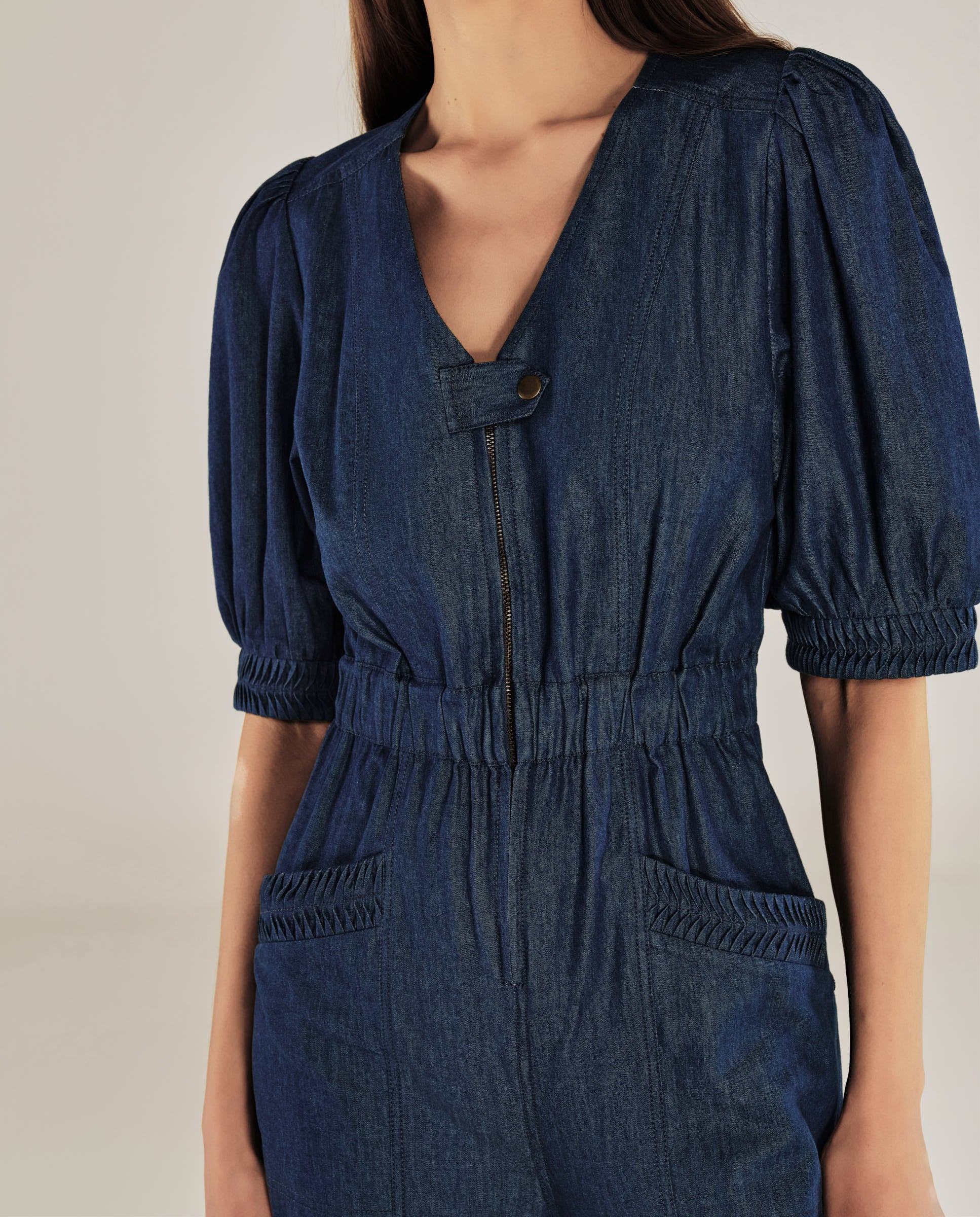 JANAT | Denim Blue Pleated Trim Cotton Jumpsuit