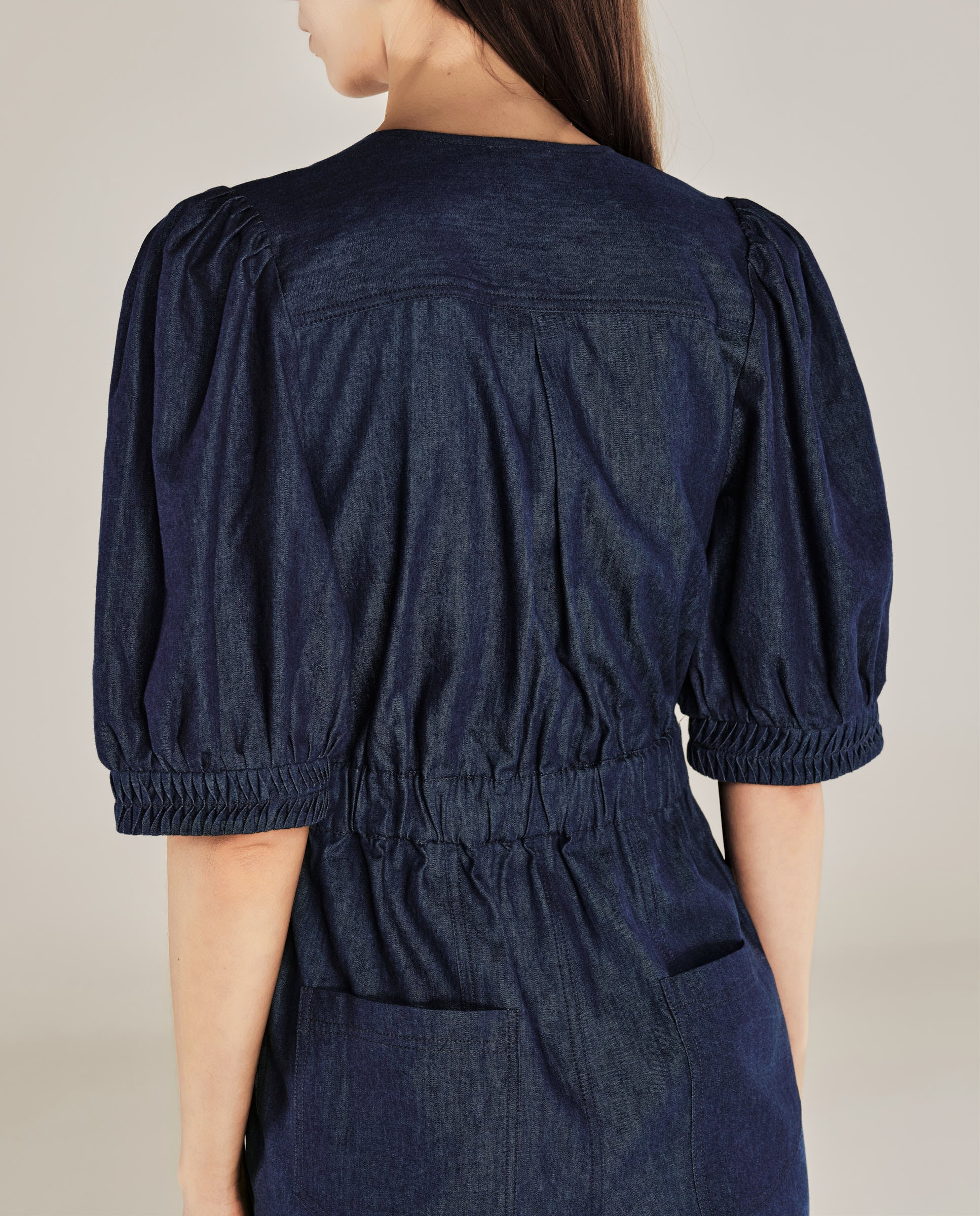 JANAT | Denim Blue Pleated Trim Cotton Jumpsuit