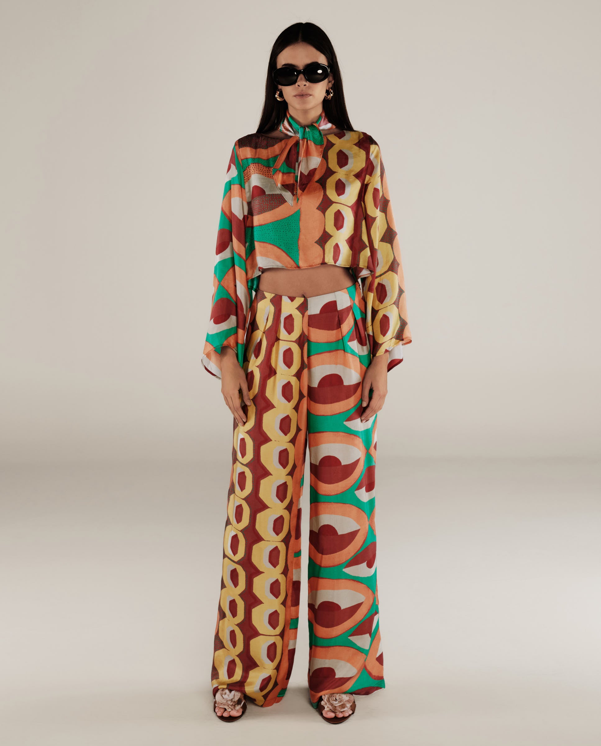EMBER | Multicoloured Geometric Print Satin Wide Leg Trousers