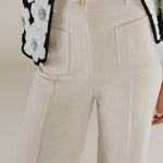 PAOLA | Ecru Pocket Detail Wide Leg Cotton Trousers