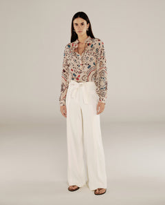 PARUL | Cream Pleat Wide Leg Trousers