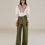 ROMINA | Green & Gold Flower Jacquard Wide Leg Trousers