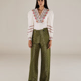 ROMINA | Green & Gold Flower Jacquard Wide Leg Trousers