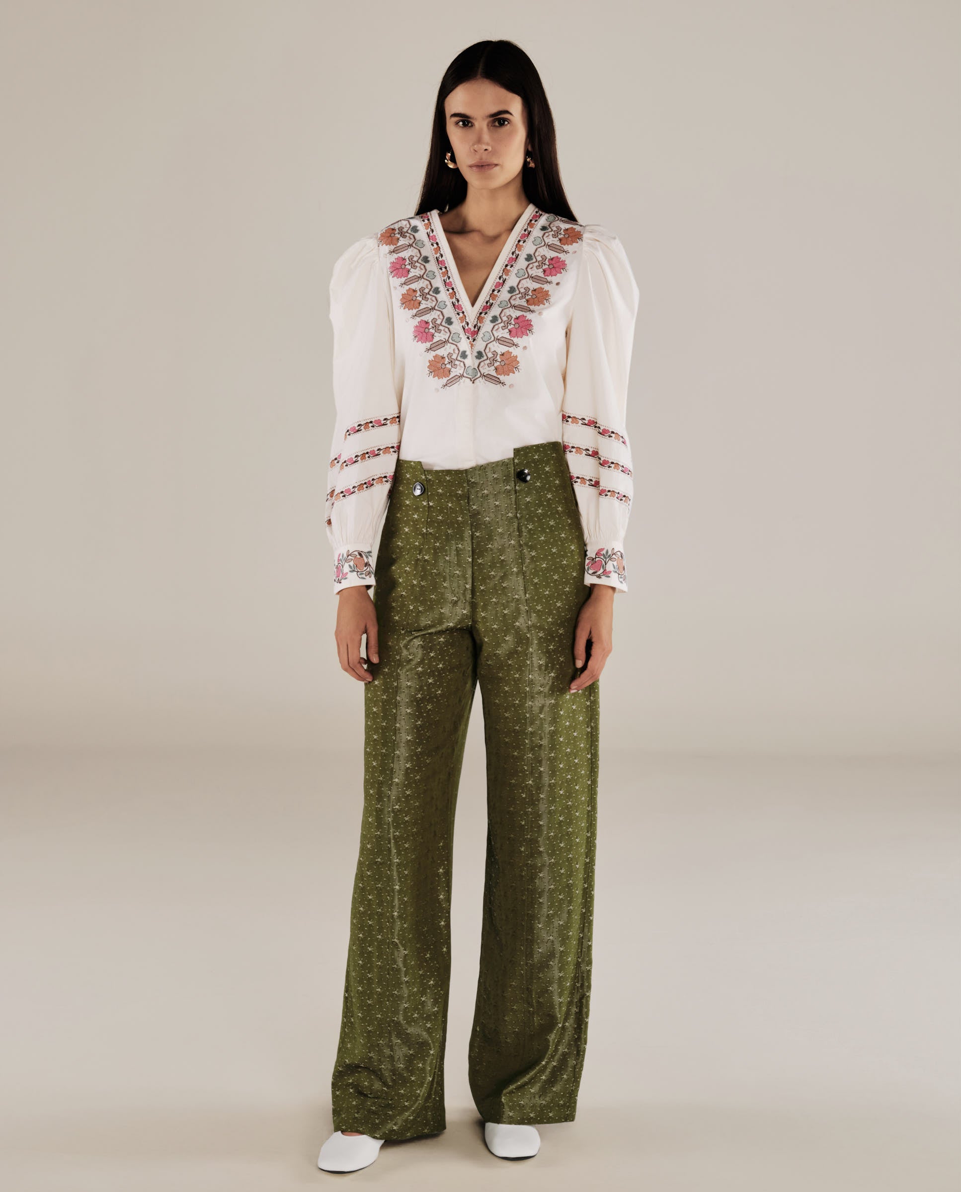 ROMINA | Green & Gold Flower Jacquard Wide Leg Trousers