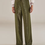 ROMINA | Green & Gold Flower Jacquard Wide Leg Trousers