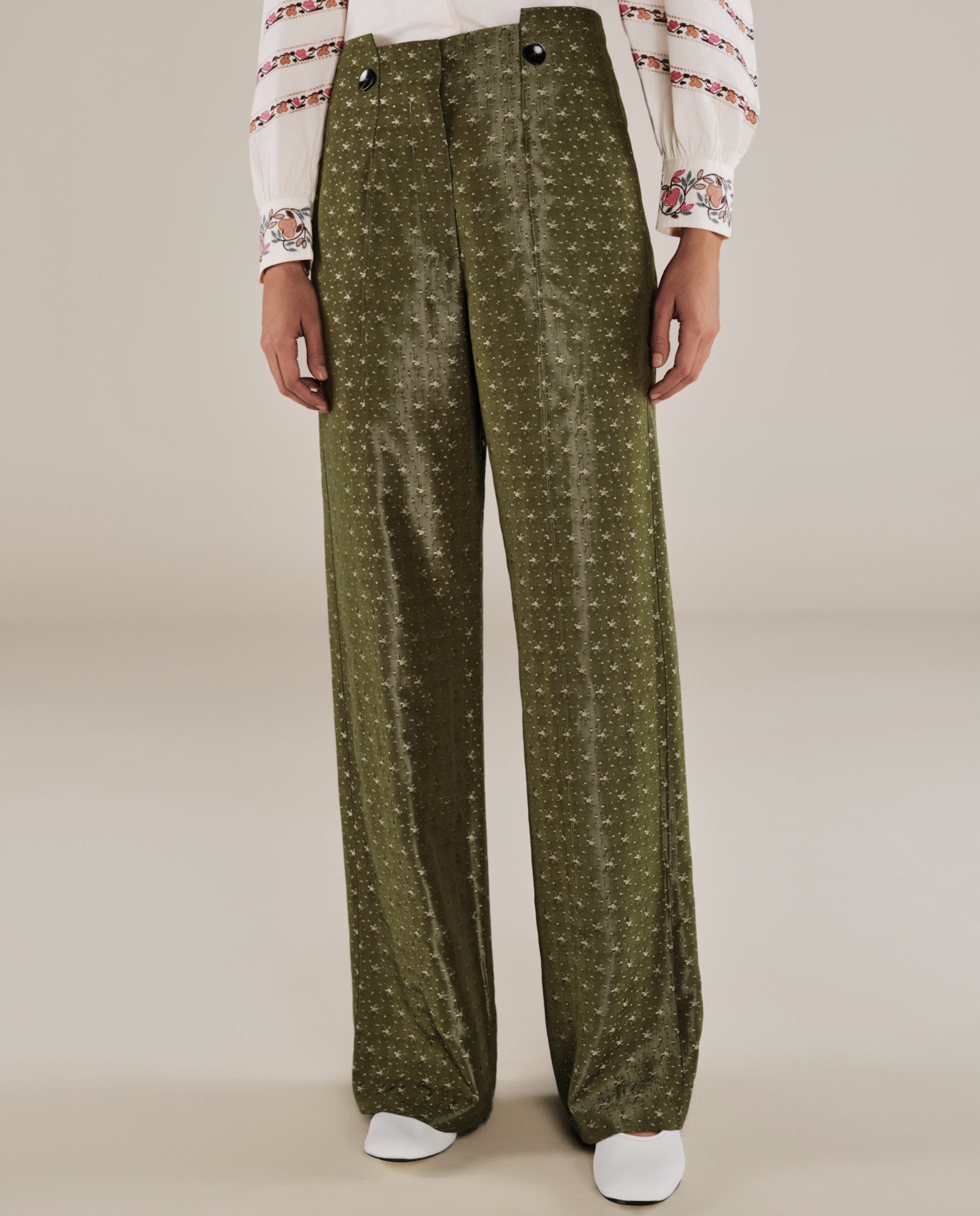 ROMINA | Green & Gold Flower Jacquard Wide Leg Trousers