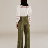 ROMINA | Green & Gold Flower Jacquard Wide Leg Trousers