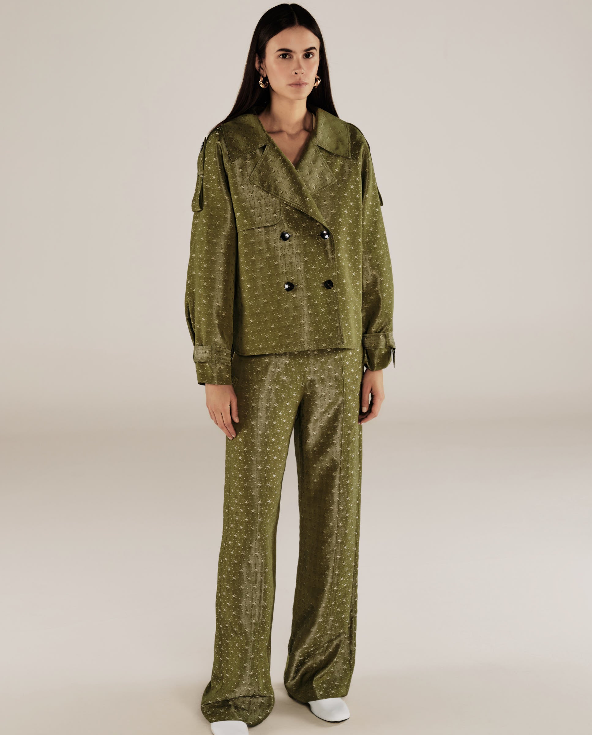 ROMINA | Green & Gold Flower Jacquard Wide Leg Trousers