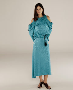 BHAKTI | Turquoise Blue Jacquard Leopard Print Asymmetric Skirt