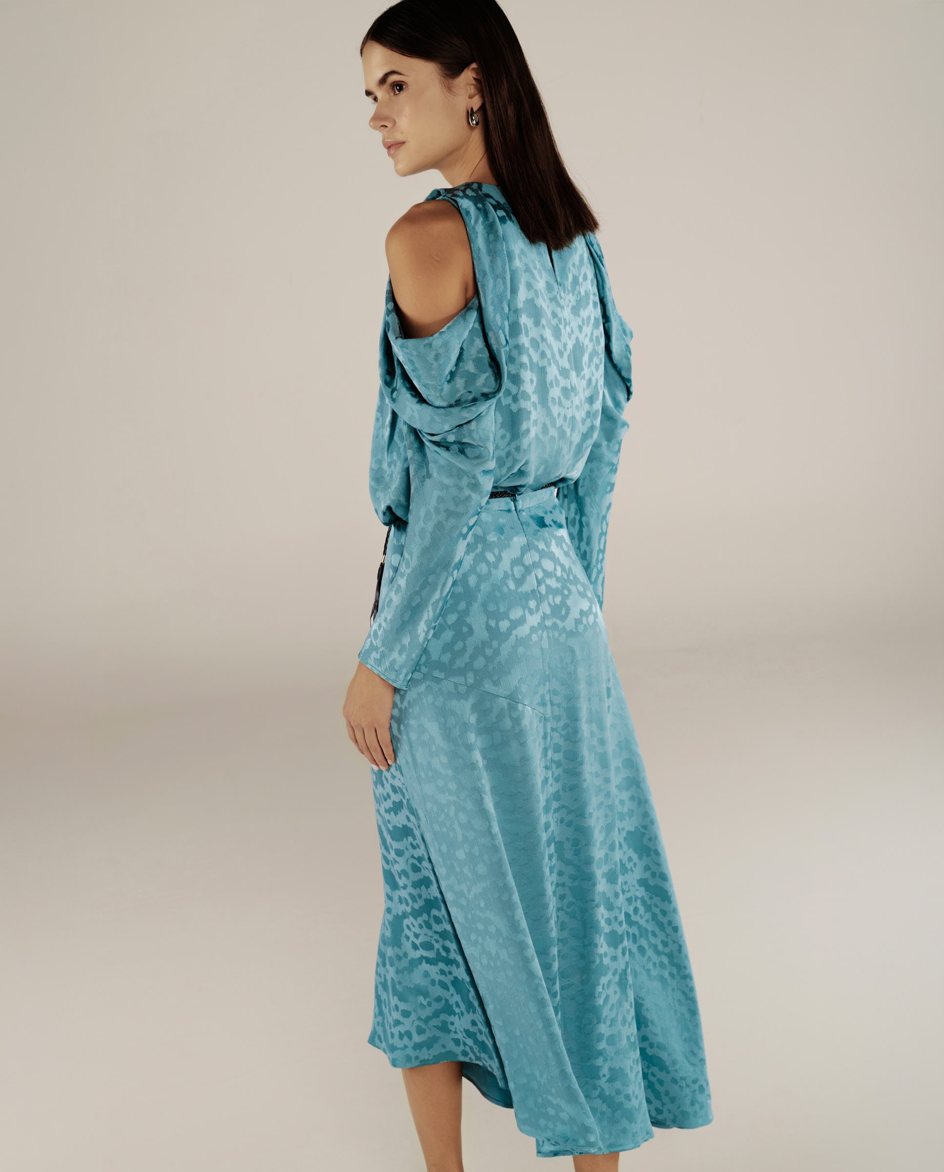 BHAKTI | Turquoise Blue Jacquard Leopard Print Asymmetric Skirt