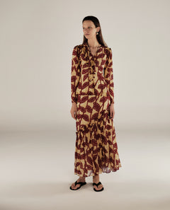 MILLIE | Burgundy & Gold Ruffle Crepe Long Skirt