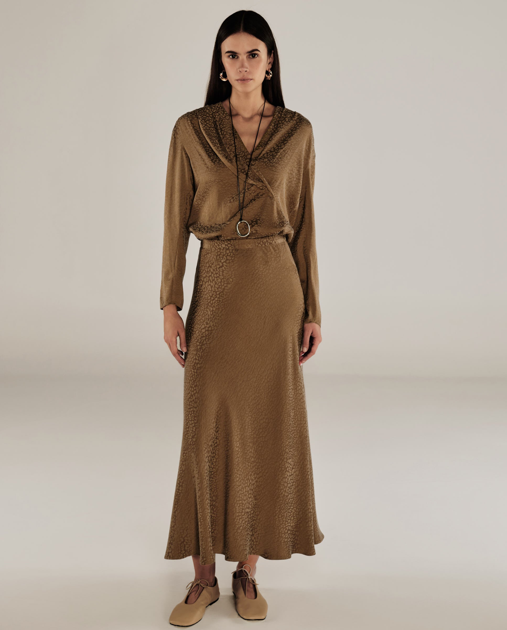 AADHILA | Brown Jacquard Leopard Print Long Skirt