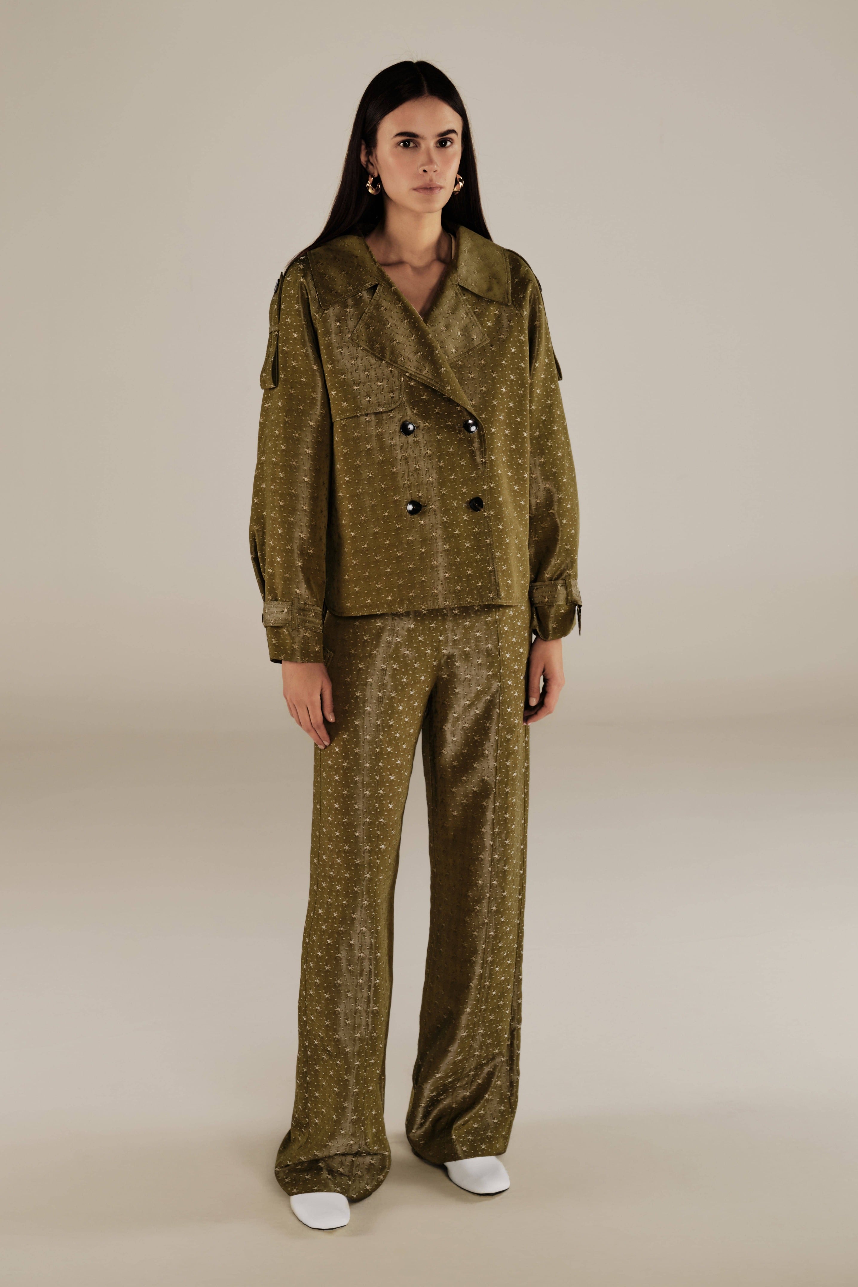 HAMA | Green & Gold Flower Jacquard Short Trench Coat