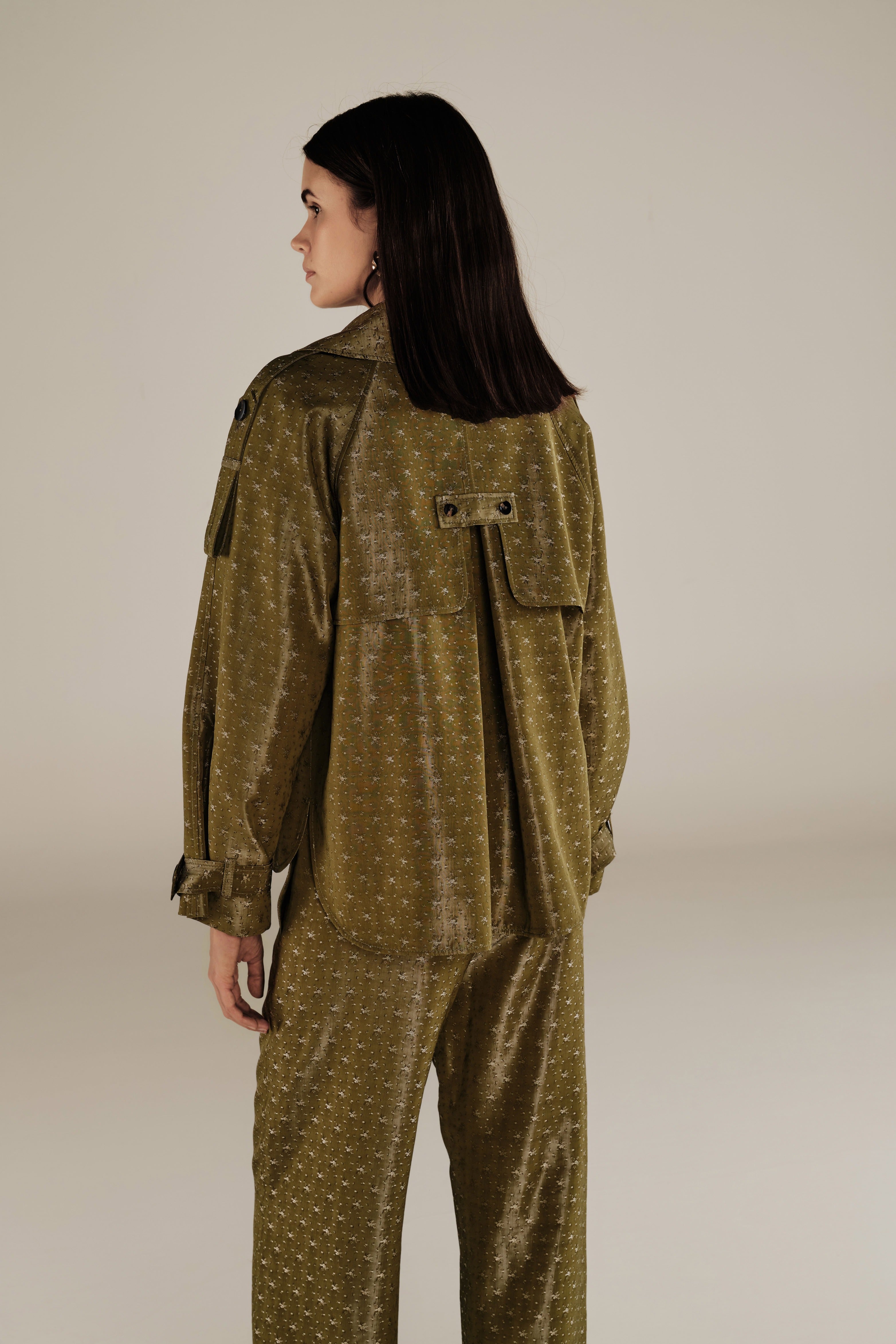 HAMA | Green & Gold Flower Jacquard Short Trench Coat